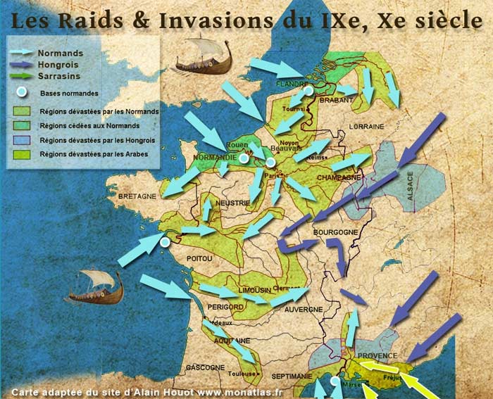 IXe, Xe siècle. La France en prise aux invasions. Carte moyen-age