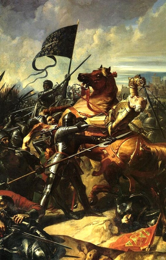 Bataille de Castillon, mort de Talbot sur le champ de bataille, par Larivière Charles Philippe, XIXe siècle.