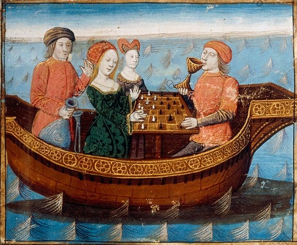 "Le philtre d’amour”. Enluminure (1470) Manuscrit de Gautier de Map, Tiré du “Livre de Messire Lancelot du Lac” de Gautier de Map, Ms. français 112, fol. 239, BnF