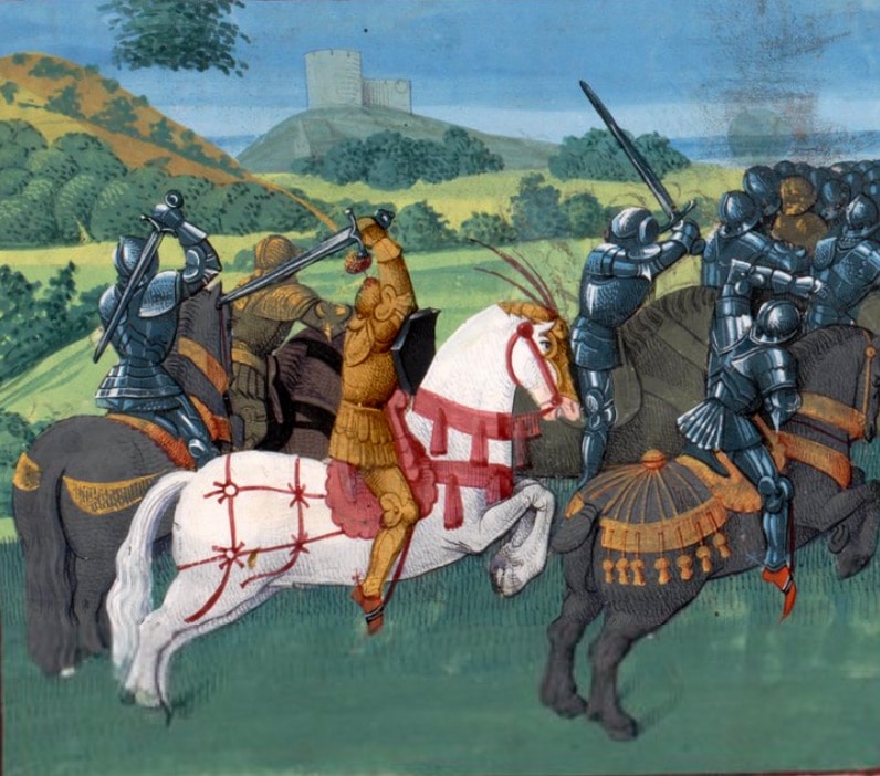 enluminure_legendes_arthuriennes_tristan_yseult_combat_chevalier_Ms_fr_189_bibliotheque_geneve