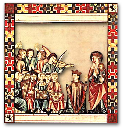 Alphonse le Sage, médiateur entre la Sainte Vierge et les musiciens, Cantigas Santa Maria, Miniature du Manuscrit MS TI1 de l'Escorial
