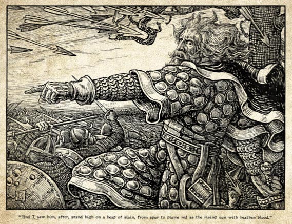 legendes_arthuriennes_roi_arthur_la_charge_du_mont_badon_haut_moyen-age_gravure_XIXe_siecle