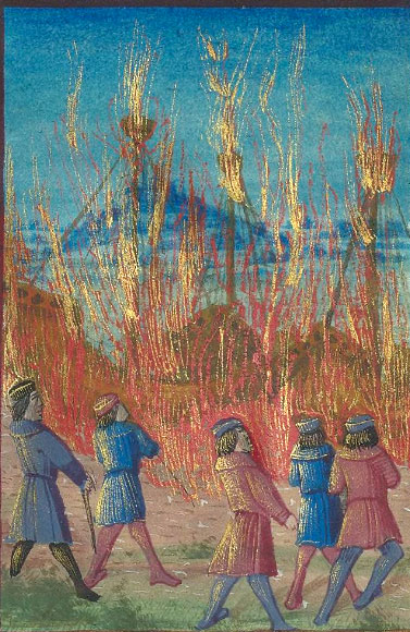 Enluminure médiévale, incendie flotte navale