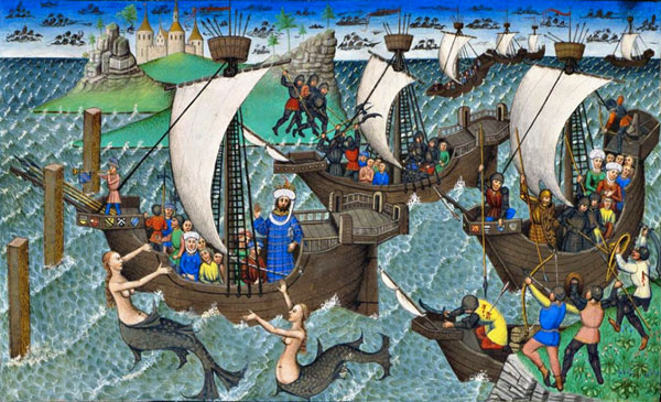 Enluminure médiévale sur des femmes sirènes, ms 9242