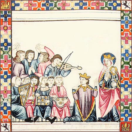 Enluminure de troubadours et musicien autour d'Alphonse X de Castille