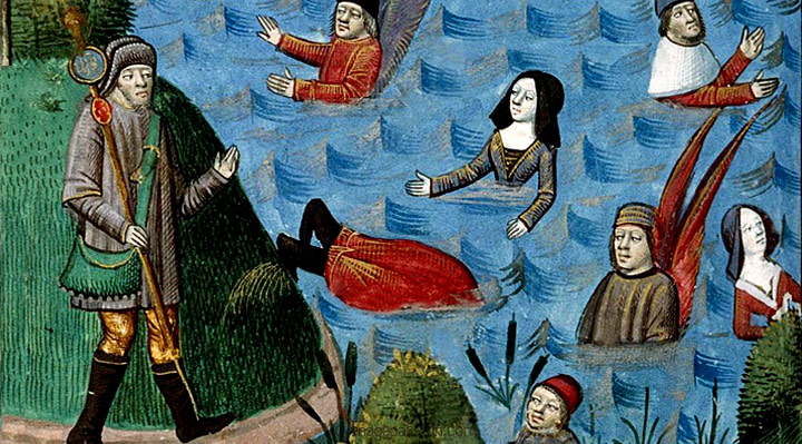 Enluminure médiévale d'un pèlerin face à mer des tentations