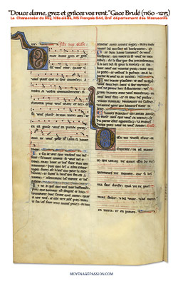 la chanson "Douce Dame" du trouvère Gace Brulé dans le chansonnier du roi de la Bnf, dit manuscrit médiéval Français 844 SD