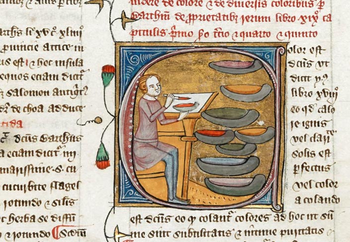 Enluminure d'un enlumineur médiéval mélangeant des couleurs, tiré d'un manuscrit de la British Library
