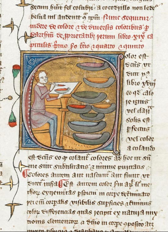 Enluminure médiéval d'un enlumineur préparant ses couleurs