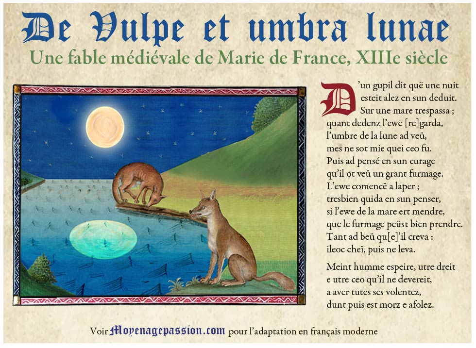 La fable du Renard et de la Lune de Marie de France avec une Enluminure recréée
