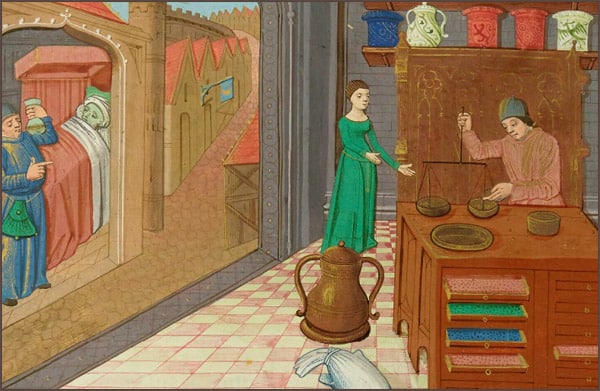 Enluminure d'une boutique d'apothicaire au Moyen Âge