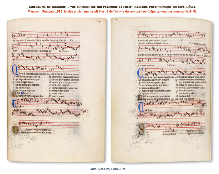 Manuscrit ancien et partition de musique médiévale : "De fortune me doi plaindre et loer" de Guillaume de Machaut