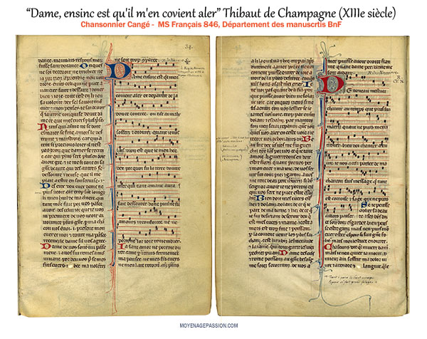 "Dame, einsi est qu'il m'en couvient aler" dans le chansonnier de Cangé, manuscrit médiéval ms Français 846 de la BnF