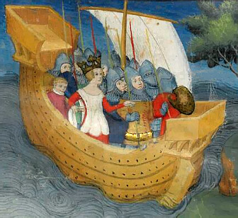 Enluminure d'Isabelle de France en train d'accoster avec sa nef sur la rive de la rivière Orwell