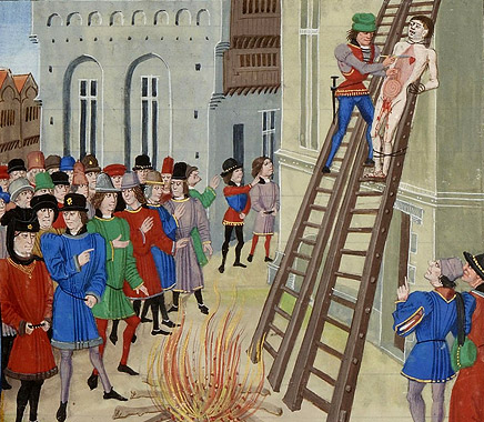 Enluminure médiévale : l'exécution publique de Hugh Despenser, amant du roi Edouard II d'Angleterre