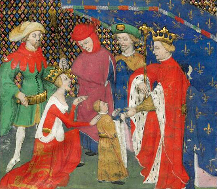 Enluminure : Charles IV accueille sa sœur Isabelle de France accompagné de son fils Edouard (1325)
