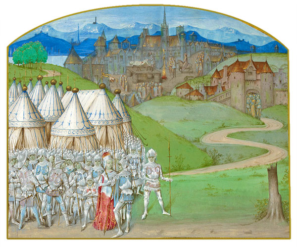 Enluminure médiévale : Isabelle de France, son armée, et l'exécution de Hugh Despenser