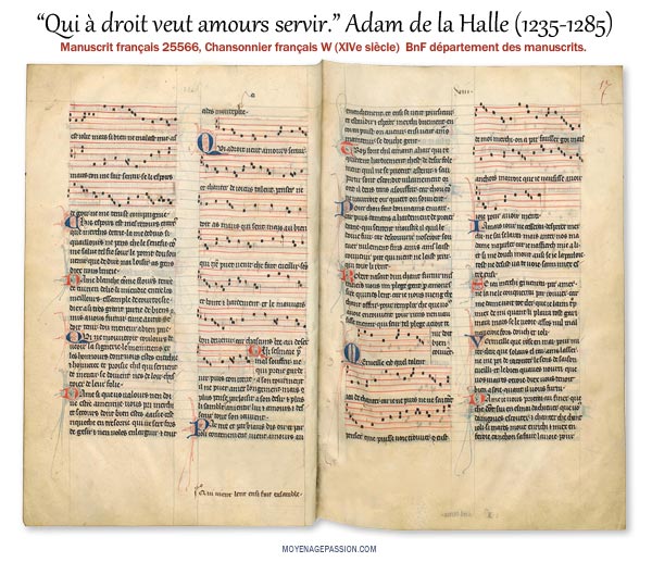 Chanson de Adam de la Halle et sa partition dans le Manuscrit médiéval "Chansonnier français W"