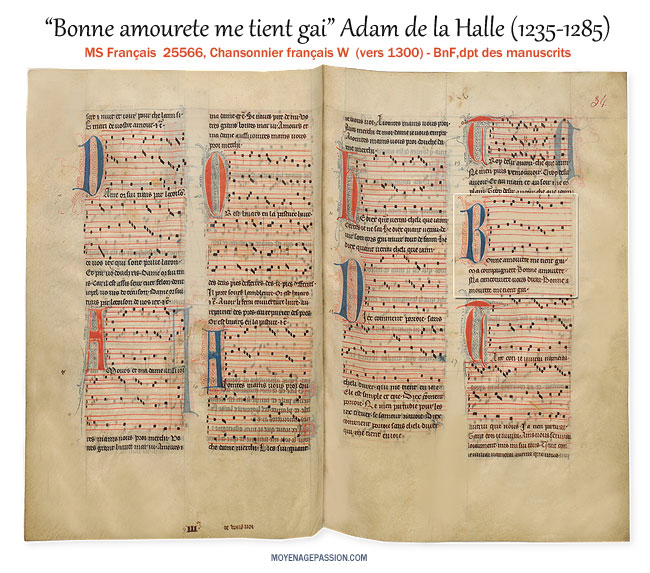 La chanson Bonne Amourette d'Adam de la Halle dans le Chansonnier médiéval W ou MS Français 25566.