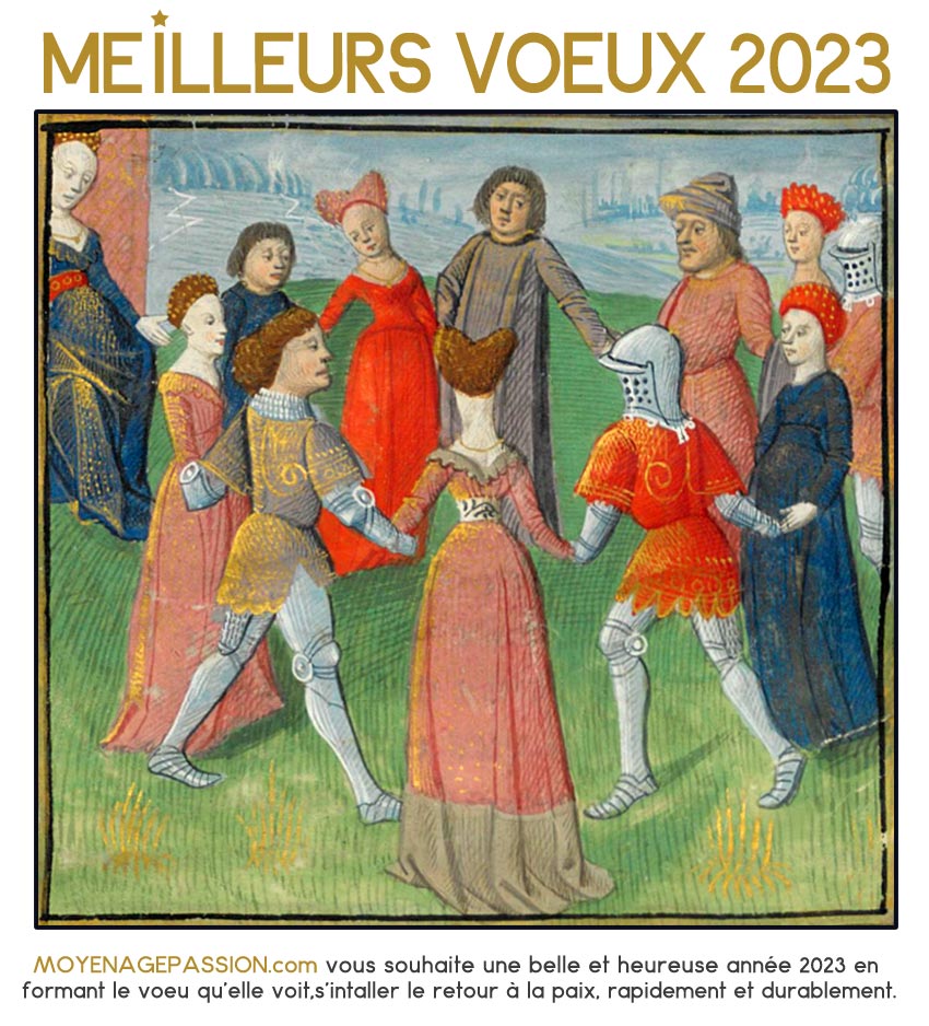 cartes de vœux 2023 avec enluminures de manuscrit médiéval : danse et légendes arthuriennes, tiré du Lancelot en Prose de Robert de Boron