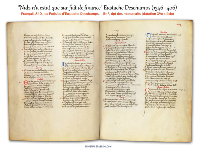 La ballade d'Eustache Deschamps dans le manuscrit médiéval MS Français 840 de la BnF.