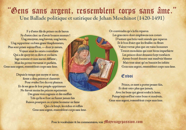 "Gens sans argent" la ballade satirique de Meschinot accompagnée d'une enluminure du poète Breton du XVe siècle, 