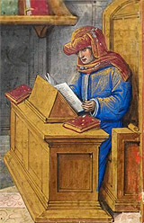 Enluminure du philosophe Aristote à son pupitre ( XVe siècle)