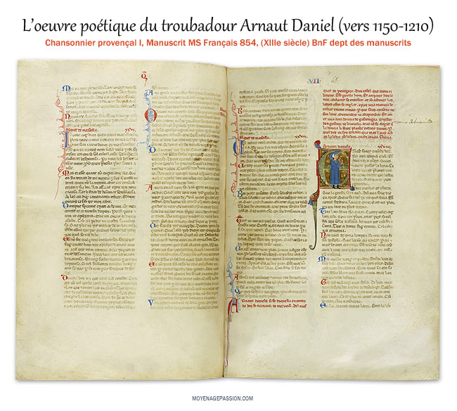 Enluminure & œuvre du troubadour Arnaut Daniel dans le manuscrit médiéval ms français 854 de la BnF