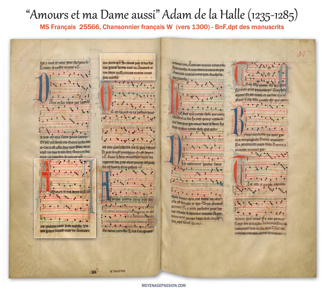 Le rondeau d'Adam de la Halle dans le manuscrit médiéval Français 25566 de la BnF.