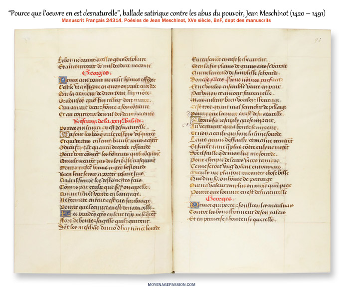 La Ballade satirique de Meschinot 'Pource que l'oeuvre en est desnaturelle" dans le  Manuscrit médiéval MS Français 24314 
