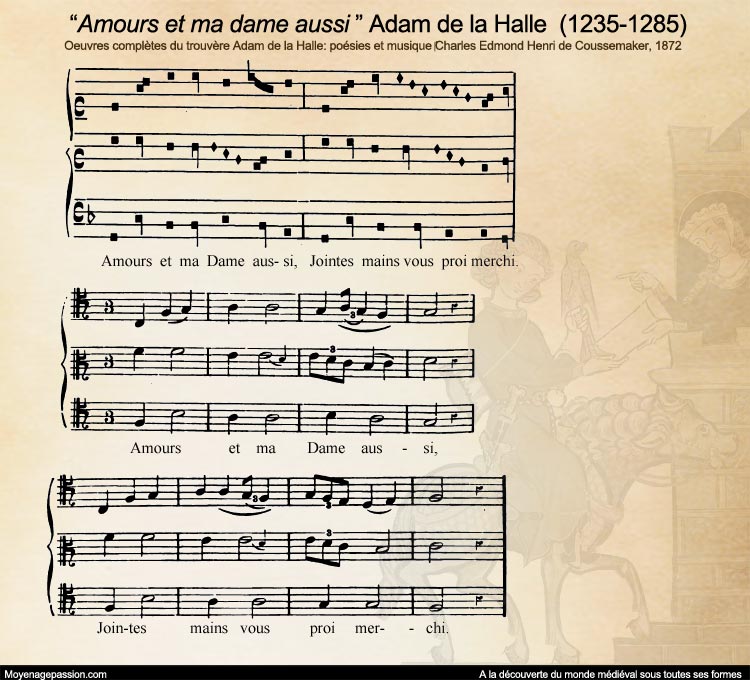 La partition moderne du rondeau médiéval "Amours et ma dame aussi" de Adam de la Halle