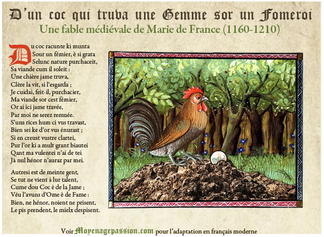 La fable du coq et de la perle de Marie de France, illustrée d'une enluminure. 
