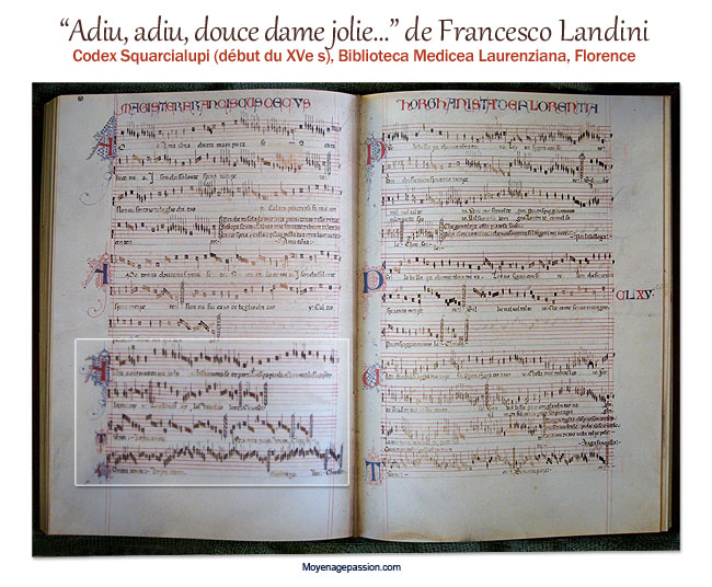 La chanson "Adieu douce dame jolie" de Landini dans le codex Squarcialupi, de la Bibliothèque Laurentienne de Florence