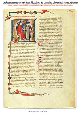 Enluminure et page du castoiement d'un père à son fils dans le manuscrit médiéval Ms 726 de la BnF
