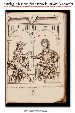 Illustration du dialogue médiéval de Pierre Alphonse le converti contre Moïse, son moi passé : liber adversus Judeos (Ms. Grootseminarie 026/091).