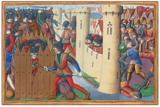 Enluminure médiévale : Libération d'Orleans par Jeanne d'Arc et ses troupes dans le Ms Français 5054