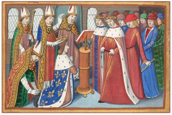 Enluminure médiévale : Sacre de Charles VII à Reims  dans le manuscrit médiéval Ms Français 5054