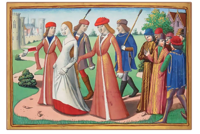 Enluminure médiévale, arrivée de Jeanne d'Arc à Chinon