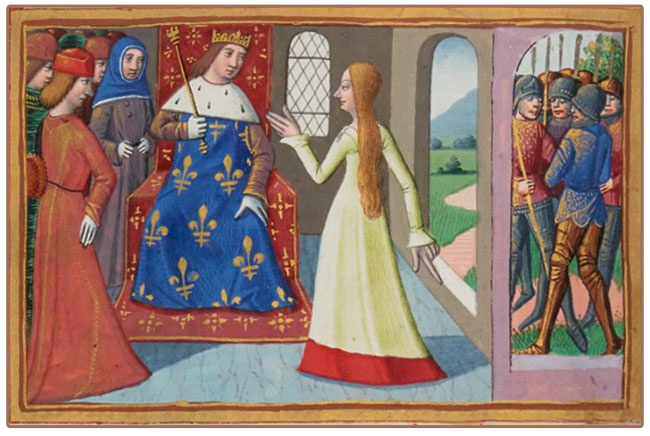 Enluminure médiévale : Jeanne d'Arc reçue par le Dauphin dans le manuscrit médiéval Ms Français 5054