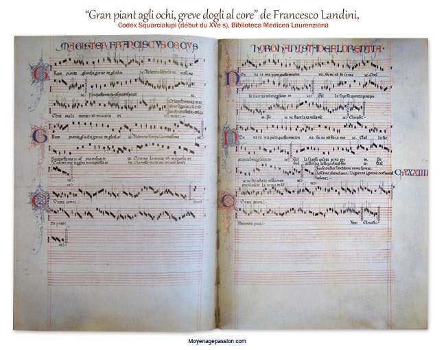 La chanson médiévale de Landini dans le Codex Squarcialupi (Ms Med Pal 87), manuscrit ancien du XVe siècle.