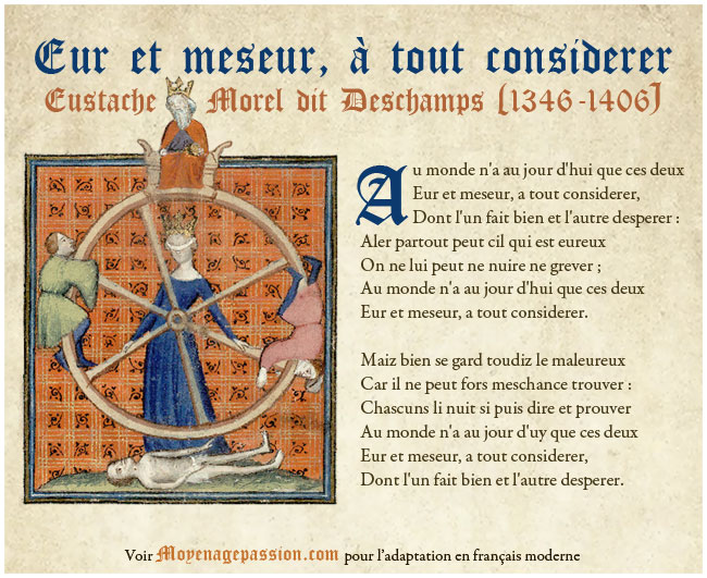 Le rondeau D'Eustache Deschamps accompagné d'une enluminure sur la roue de Fortune tirèe d'un Manuscrit médiéval du XIVe siècle.