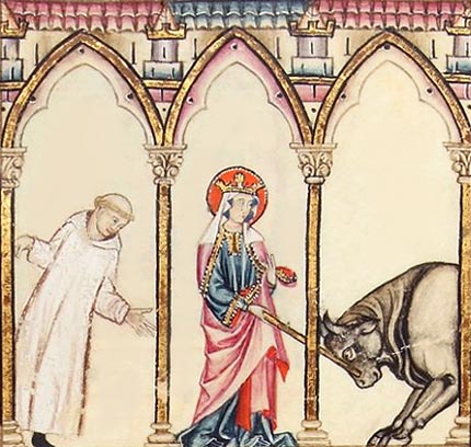Enluminure de la Cantiga 47 : le démon apparait sous la forme d'un taureau