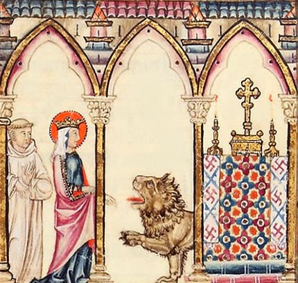 Enluminure de la Cantiga 47 : le démon s'immisce dans l'église changé en lion furieux