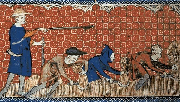Serfs sous la houlette d'un contremaître agriculteur, Psautier de la reine Mary, Ms. Royal 2. B. VII, British Library, XIVe siècle