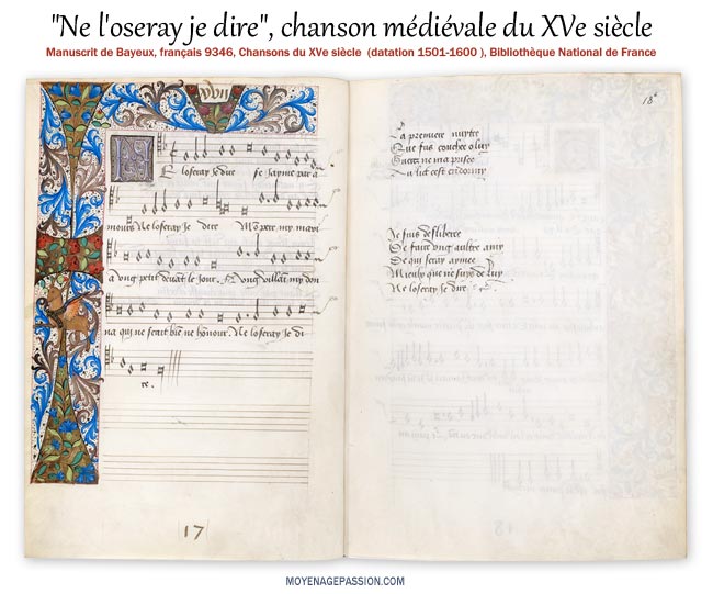 Le Manuscrit de Bayeux, "Ne l'oserais-je dire" chanson et partition, chanson des XVe, XVIe siècles