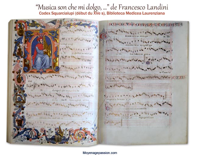 la chanson médiévale polyphonique du jour et l'enluminure représentant Landini dans le Codex Squarcialupi
