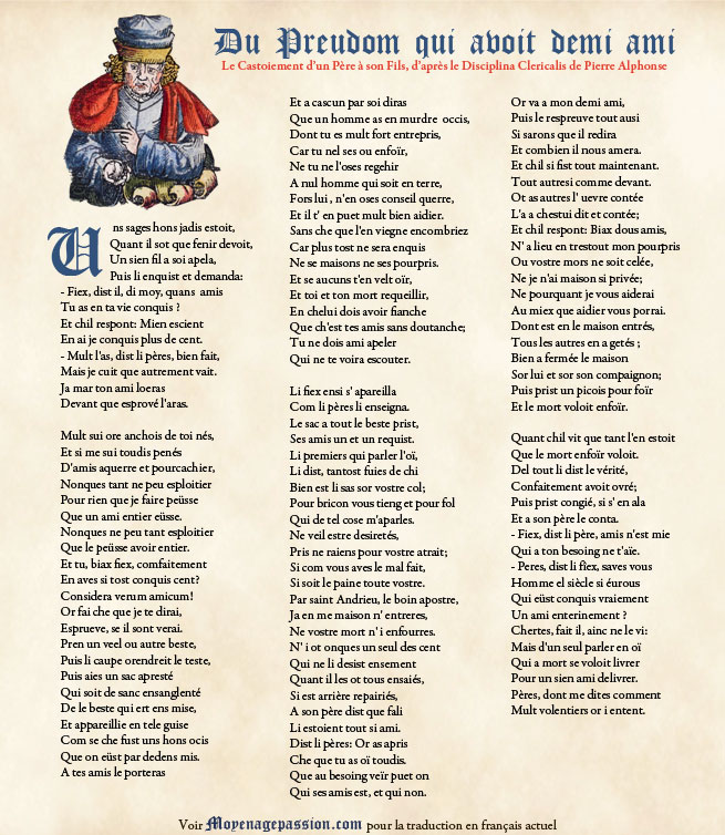 Le Castoiement d'un père à son fils, conte du Demi-ami avec un portrait de Pierre Alphonse tiré du Liber Chronicarum (XVe siècle)