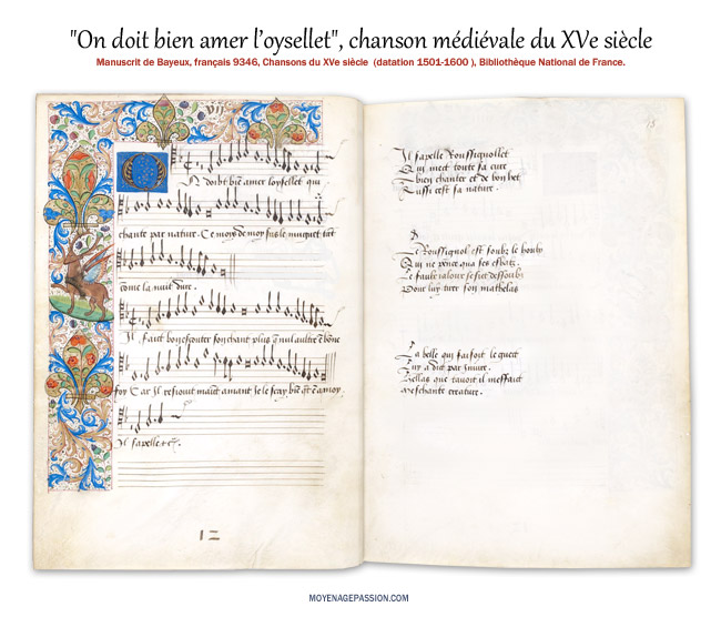 "On doit bien aimer l'Oiselet" , sa partition et ses enluminures, dans le ms Français 9346 ou manuscrit de Bayeux;