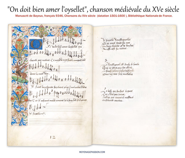 "On doit bien aimer l'Oiselet" , sa partition et ses enluminures, dans le ms Français 9346 ou manuscrit de Bayeux;