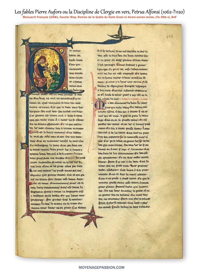 Les fables Pierre Aufors, Enluminure du Père enseignant son fils sur le feuillets du Castoiement d'un père, Ms Français 12581 de la BnF